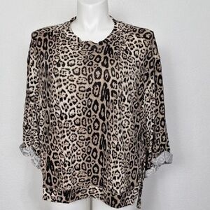Umgee Tan Black Animal Print Mobwife Boho 3/4 Sleeve Pullover Blouse Size L